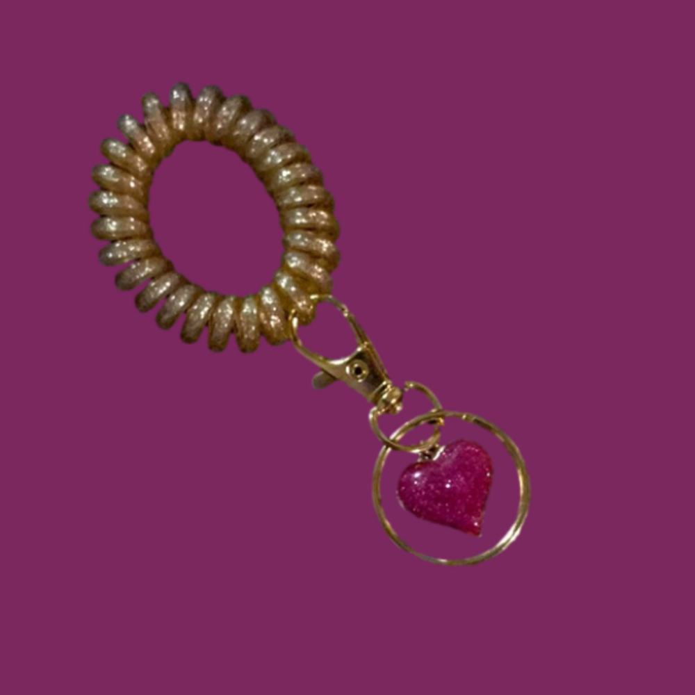 HANDCRAFTED Golden Key Ring/Gold Spiral Stretch Band Dark Pink Metal Heart Charm